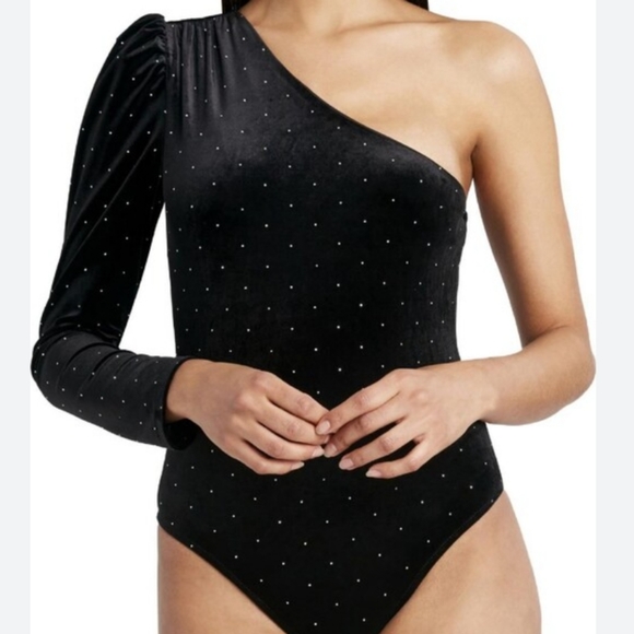 Sen Collection | Black Velour Glitter One Shoulder Bodysuit - Picture 1 of 12